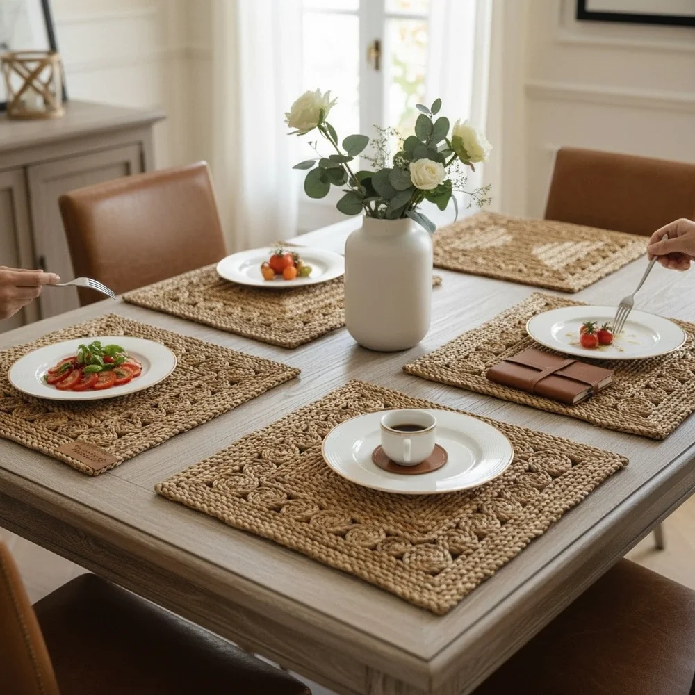 Beautiful set of 6 woven natural fiber placemats in a warm neutral tone